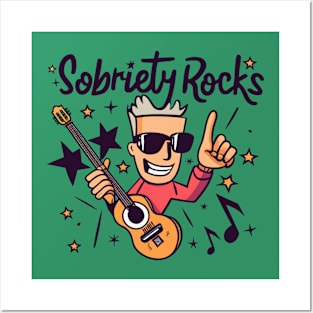 Sobriety Rocks Cartoon Rocker With Guitar Posters and Art